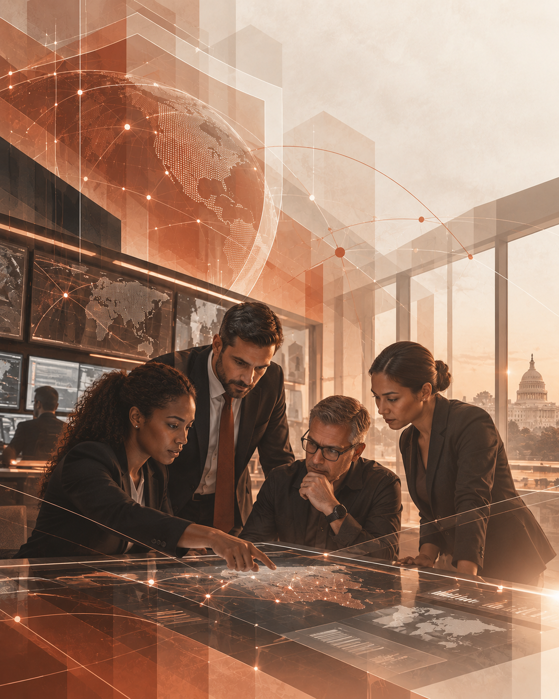 NRSFAS mission technology collaboration scene showing professionals working in a modern secure operations environment.