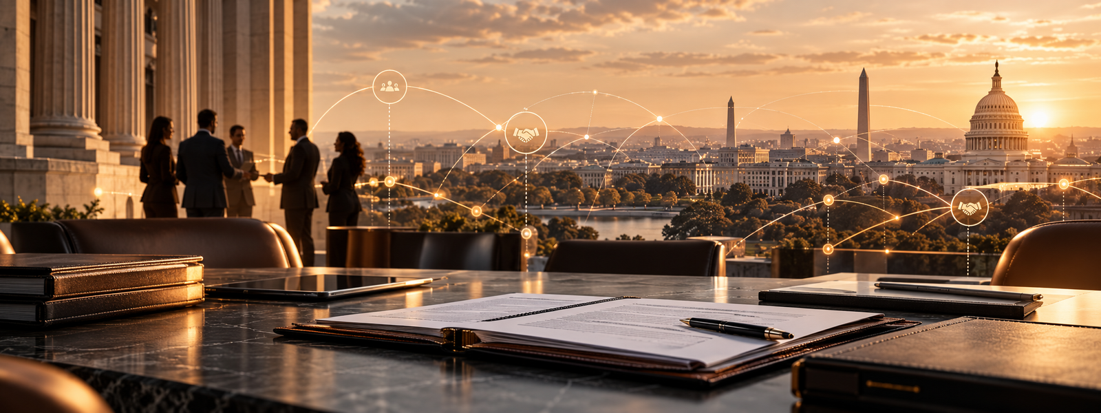 Government acquisition and partnership scene with a strategic contract briefing table, collaboration professionals, and Washington skyline in the NRSFAS visual style.