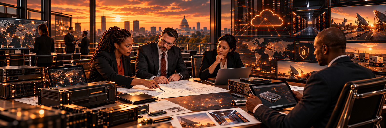 Technology procurement briefing featuring engineering plans, enterprise hardware, cloud infrastructure, and cybersecurity solutions