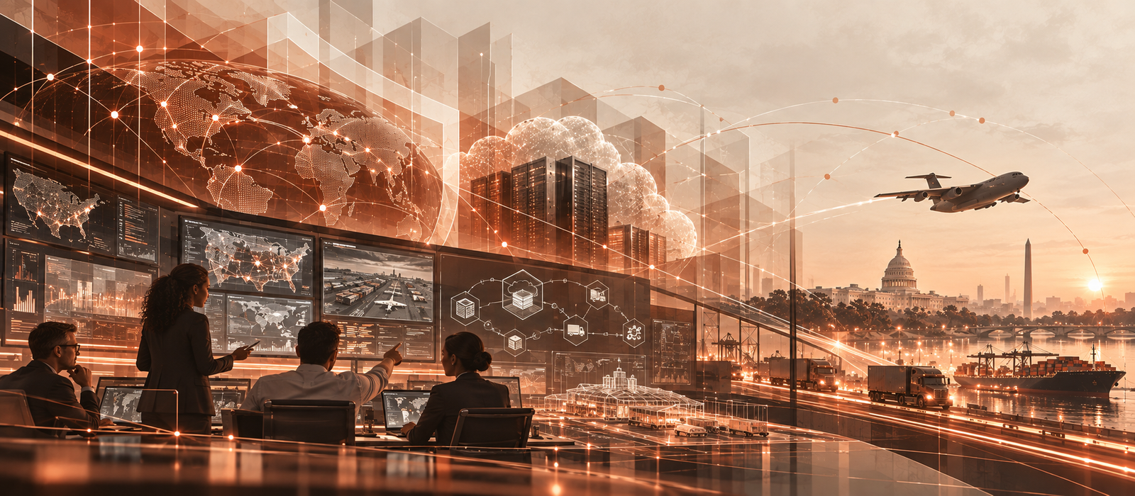 Mission delivery operations center connecting cybersecurity, cloud infrastructure, systems integration, data, logistics, and program execution.